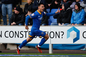 Max Mata of Shrewsbury Town celebrates after scoring a goal to make it 1-0 (AMA)