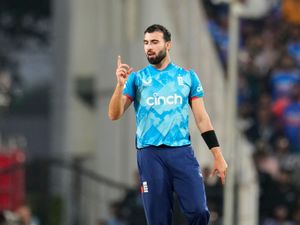 Saqib Mahmood celebrates a wicket