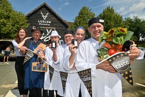 At Ludlow Farm shop where they have been given a host of good taste awards. At the front with the basket is:  Jonathan Waters (Head Chef) and then staff: L-R: Farmshop Manager: Jess Harrison, John Brereton, Hannah Bond, Teresa Holdsworth, Kate Matthias, with winning products.