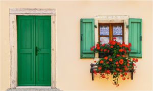 Green Door, Geraniums and Window Shutters by Maria Macklin