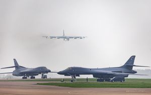 US Air Force B-52 bomber plane lands at RAF Fairford.