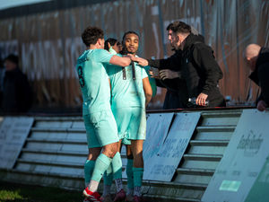 AFC Telford United goalscroer Adan George (right) celebrates with Dylan Allen-Hadley and Dylan Mitchell. Picture: Kieran Stoddart