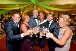 L-R: Leicester City footballer Marc Albrighton, Suzy Evans, Daz Hale, Julie Regis, Owen Richards, and Gill Jordan also known as Doreen Tipton