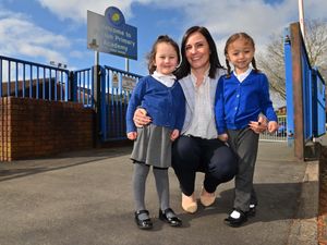 Headteacher Vicky Jackson with pupils Rainey Samuels, aged 3, and Elsie Sweet, aged 4