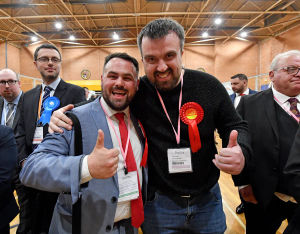 Councillors Andrew Tromans and Luke Hamblett celebrating their win in last year's local elections. They have both now quit the Labour Party.