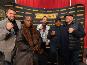 Chris Eubank and Nigel Benn, at Porsche Centre Wolverhampton, with (left) Porsche Centre principal Jodi Macdonald, (centre) Andy Sahota, ShowFighter Promotions, and (right) Spencer Brown, Goldstar Promotions