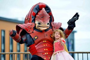 Lee Marshall as Mass Effect (Wrex) in is home made costume) and daughter: Evelyn Marshall 4 as Sleeping Beauty
