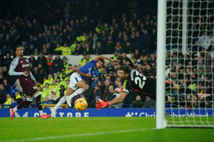 Everton's Dominic Calvert-Lewin fires at goal during Aston Villa's clash with Everton