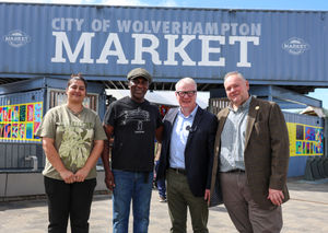 Mayor Richard Parker announced the funding for the region's markets at Wolverhampton Market. The Mayor is pictured with traders Taban Ali and Terry Watson and Councillor Stephen Simkins, leader of Wolverhampton Council.