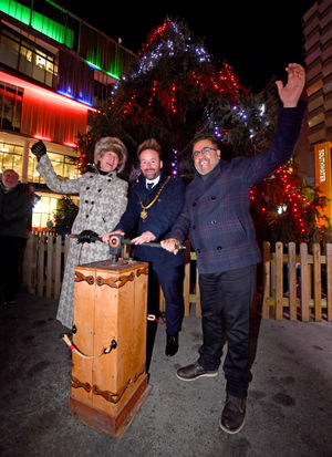 Christmas lights switch on at Southwater, Telford..Lord Lieutenant of Shropshire Anna Turner, deputy mayor Ian Preece and Councillor Raj Mehta..