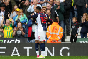Callum Robinson of West Bromwich Albion celebrates after scoring a goal to make it 2-0 with Karlan Grant of West Bromwich Albion. (AMA)