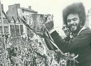 George Berry holds the League Cup aloft at Wolves’ victory parade after the underdogs beat Brian Clough’s Nottingham Forest in the 1980 final