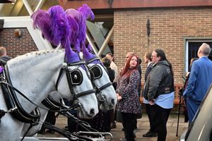 Pictures at Gornal Wood Crematorium, where it was the funeral of popular drag entertainer Divine Miss M (Matt Hawkins). The theme was purple and Matt arrived in a carriage pulled by horses: Solo and Milo.