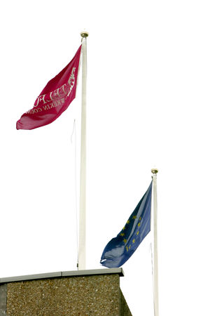 The council's own emblem and the EU flag flying from Telford & Wrekin Council's headquarters at Malinslee House.