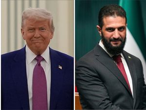 US President Donald Trump, left, and Syria’s President Ahmad al-Sharaa