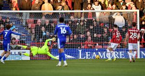 Ben Krauhaus fires Bromley into the lead against Walsall.