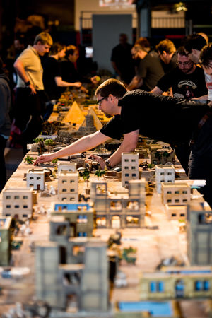 World War Two European Dust Game Championships at Enginuity in 2015. All of the tables in a long strip the day before the championships (Sunday) so players can get used to them for the main event.