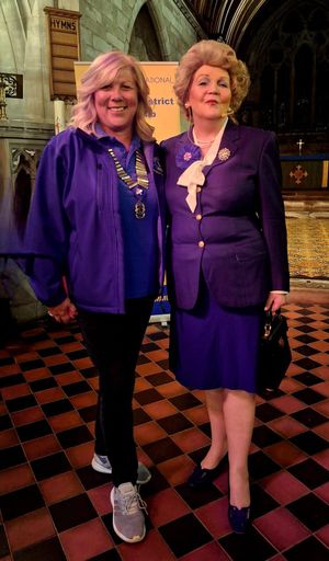 Rugeley and District Lions President Debra Coburn and Lesley Smith as Maggie Thatcher