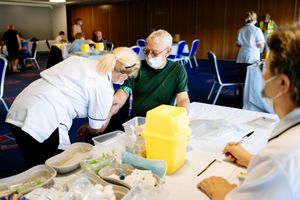 Shropshire Prostate Cancer Support Group testing event at AFC Telford United. In Picture: Les Jones from Telford with Nurse Elaine