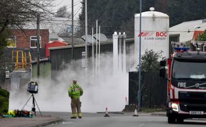 The scene along Western Way, Moxley, after liquid nitrogen leaks from pipes at a factory.