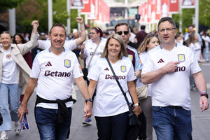 Aston VIlla fans arrive ahead of the Emirates FA Cup semi-final match at Wembley Stadium, London. Picture date: Saturday April 26, 2025.