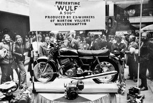 The Wolverhampton-made Wulf motorcycle in October 1975. The story started: 'The new Wulf motor bike - made and invented by ex-NVT (Norton Villiers Triumph) workers at Wolverhampton - went on show today in the Mander Centre. Workers at the blockaded factory are pinning their hopes on the 500cc machine. They hope this will be the bike to knock the stuffing out of stiff Japanese competition. The Wulf, which has a revolutionary stepped piston engine, was invented by Bernard Hooper, former chief engineer of advanced projects at NVT, and his colleague John Favill. As shoppers looked at the only Wulf machine in existence, Bernard said: 'We believe this bike is the best produced so far to meet the world requirements for cutting exhaust emission, conserving energy, reducing noise, and the use of raw materials.' Mr Hooper, aged 47, of Hope Street, Wordsley, near Stourbridge, said the Wulf would probably be in full production in two years and retail at around £800. Maximum speed for the 500cc model is just over 100mph.' 