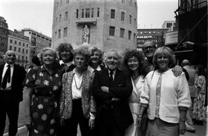 Members of 'The Archers' at Broadcasting House. From left June Spencer, Lesley Saweard, Judy Bennett, Patricia Greene, Norman Painting, Alison Dowling, Colin Skipp and Angela Piper.