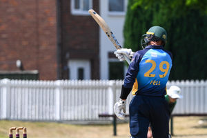 Tom Fell salutes his half-century during Shropshire's NCCA Trophy final defeat to Dorset on Sunday