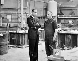 The Duke of Edinburgh on the shop floor at Wolverhampton's Chubb and Sons Safe and Lock Co Ltd, in February 1968, with Jack Leighton, of Old Fallings Lane, Wolverhampton.