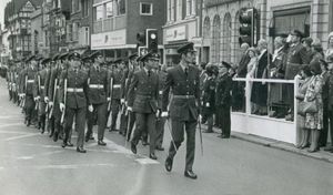 The men of RAF Stafford marching through Greengate Street into Market Square during the Battle of Britain Parade. Taking the Salute on the platform on the right are Squadron Leader Alliston and the Mayor of Stafford.