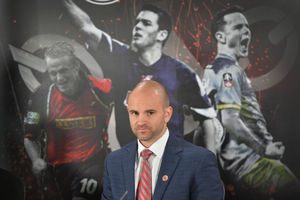 Walsall press conference after announcing the club has been taken over by American firm, Trivela Group. Pictured, Benjamin Boycott.