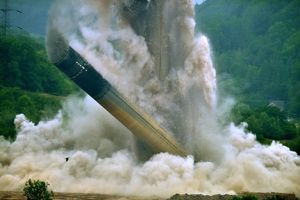 The demolition of a chimney at the former power station