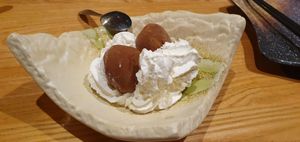 The dessert was a chocolate ball and whipped cream creation called Mochi