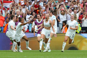 England's Chloe Kelly celebrates scoring their side's second goal of the game during the UEFA Women's Euro 2022 final at Wembley Stadium