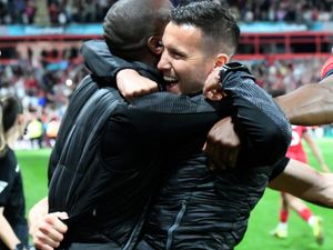 Walsall manager Mat Sadler celebrates.