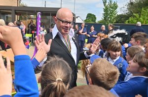 Pupils from Gobowen Primary School catching up with Harry Hill.