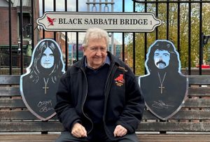 Jim Simpson sits on the Black Sabbath bench in Birmingham. Photo: Dyson Media/SWNS