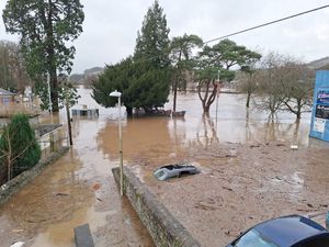 A previous flooding incident in Builth Wells which saw the River Wye cover large parts of the main road and town