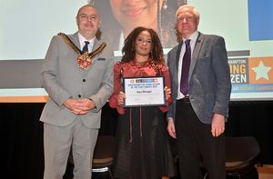 Mayor Craig Collingswood and Awards Chairman Mel Eves with Haya Mehager