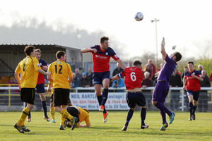 Andy Owens of AFC Telford United watches this late chance go begging as Tony Breeden in the Leamington goal catches