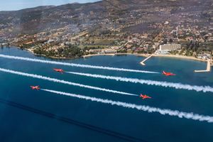 The precision flying team took to the skies over Evia island in Greece last week as part of their 'Exercise Springhawk spring training. Photo: Emily Muir/RAF/SWNS