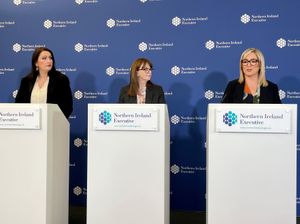 Deputy First Minister Emma Little Pengelly, Finance Minister Caoimhe Archibald, and First Minister Michelle O'Neill during a press conference