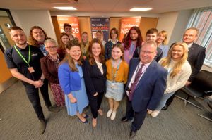 Pic at Stafford College where MP Theo Clarke (in light blue), Education Secretary: Gillian Keegan and Principal Craig Hodgson, were chatting to students and look around the new building