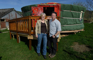 Katrina and Steve Boydon from Barnutopia Glamping near Oswestry with one of their yurts