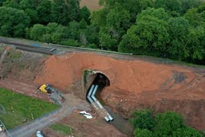 Aerial view of the site, with the temporary sulverting of the watercourse being constructed. Photo: SVR/Gary Essex