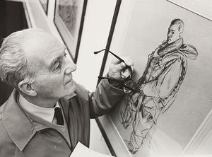 Official War Paintings Exhibition, Wolverhampton Art Gallery. The paintings and drawings were commissioned by the War Artists Advisory Committee, covering all aspects of the Second World War, and were presented to the town by the Imperial War Museum. The photograph shows Hubert Taylor of Tettenhall, who served with the Welsh Regiment in North Africa, Sicily and Italy, looking at one of the drawings in November 1983.