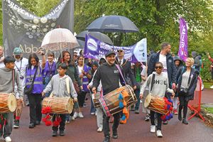 Dohl drummers lead the Recovery Walk 2025.
