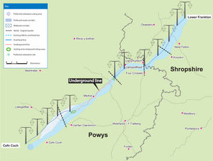 A map showing the route of the power lines, including the section which will now be buried underground in Meifod