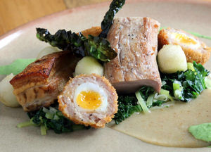 Three is the magic number – trio of Pork with burnt apple purée and pickled apples