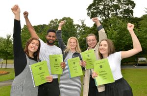 Olivia Saunders, Baldeep Singh, Katie White, Scott Powell and Charlotte Collins celebrate their A-Level results at Ellowes Hall